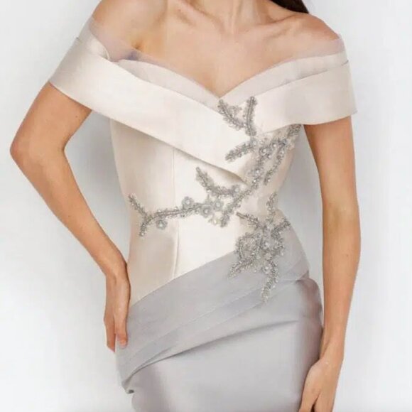 Champagne taupe Mikado off shoulder gown - Picture 3 of 4